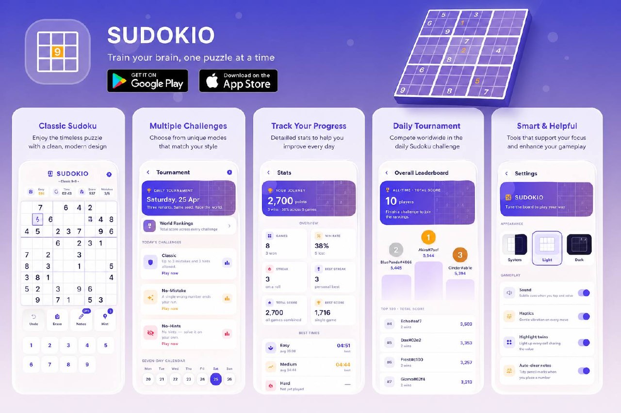 Sudokio app collage and brand presentation